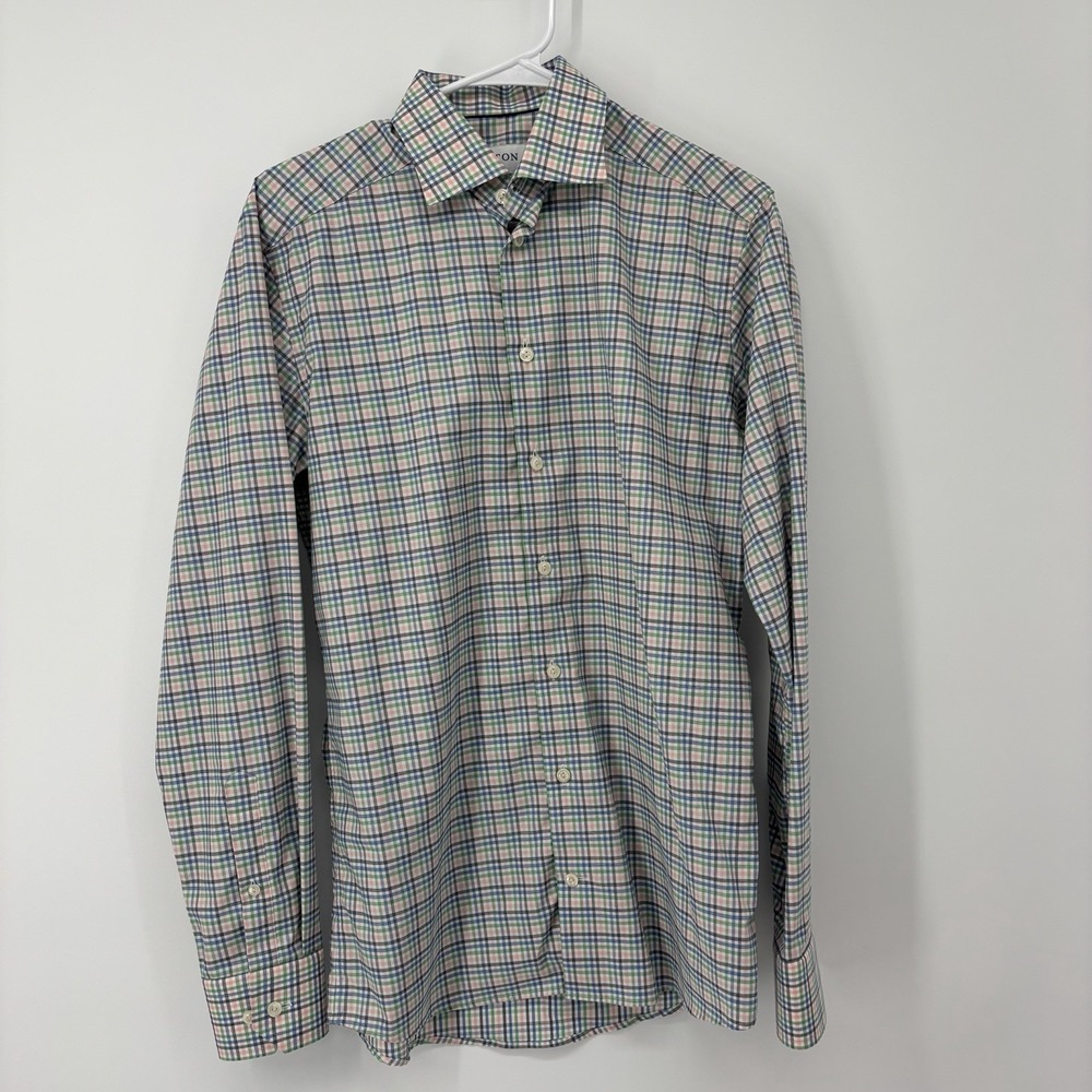 ETON Slim Shirt Men's 38 Button-Down‎ Collar Plaid Multicolor Button Up 15" Neck